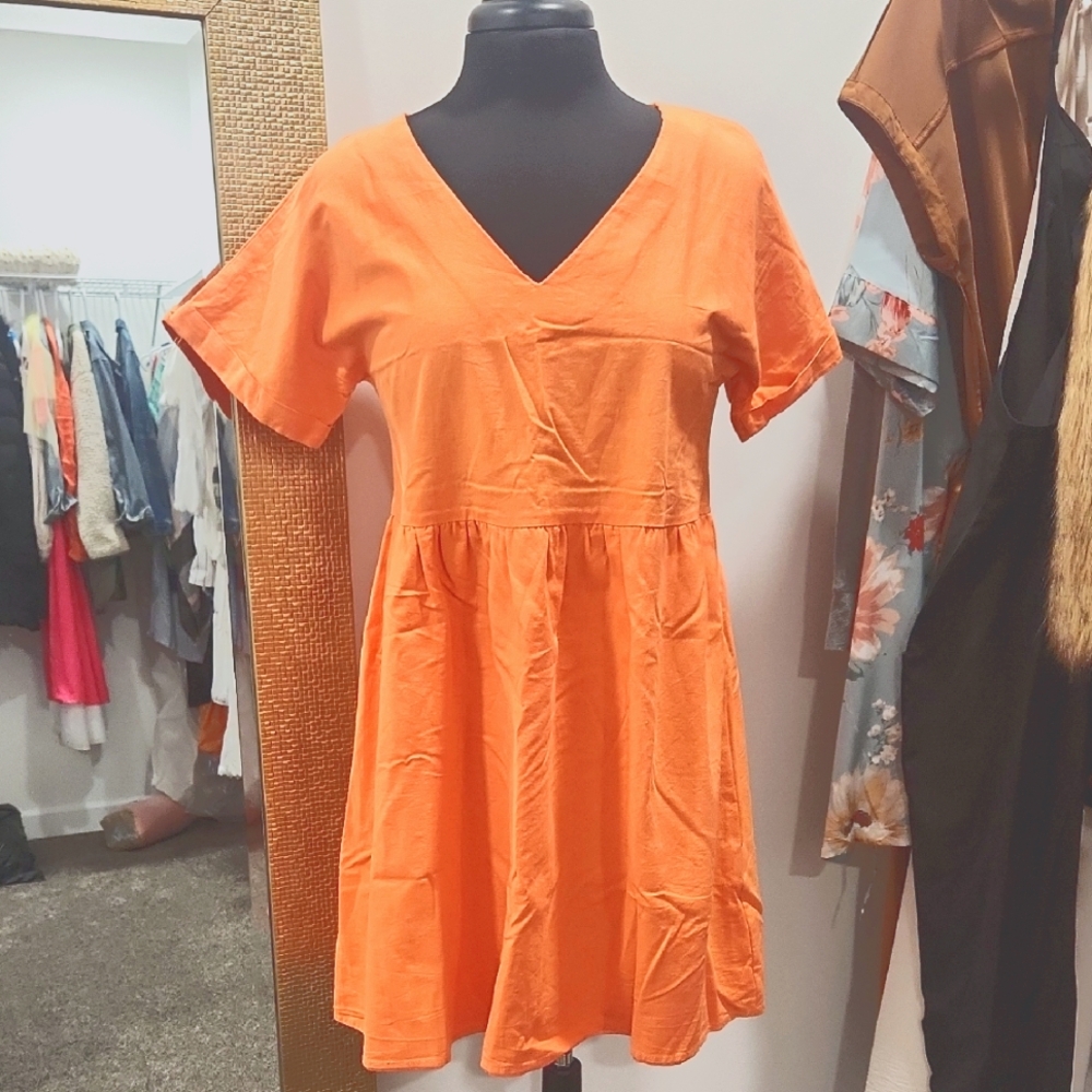 Orange V-Neck Women's Dress